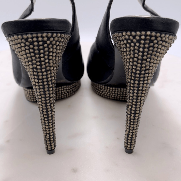 BCBGMAXAZRIA Falcon Black Satin Rhinestone Heels 8.5 Peep Toe Holiday Party - Picture 7 of 13